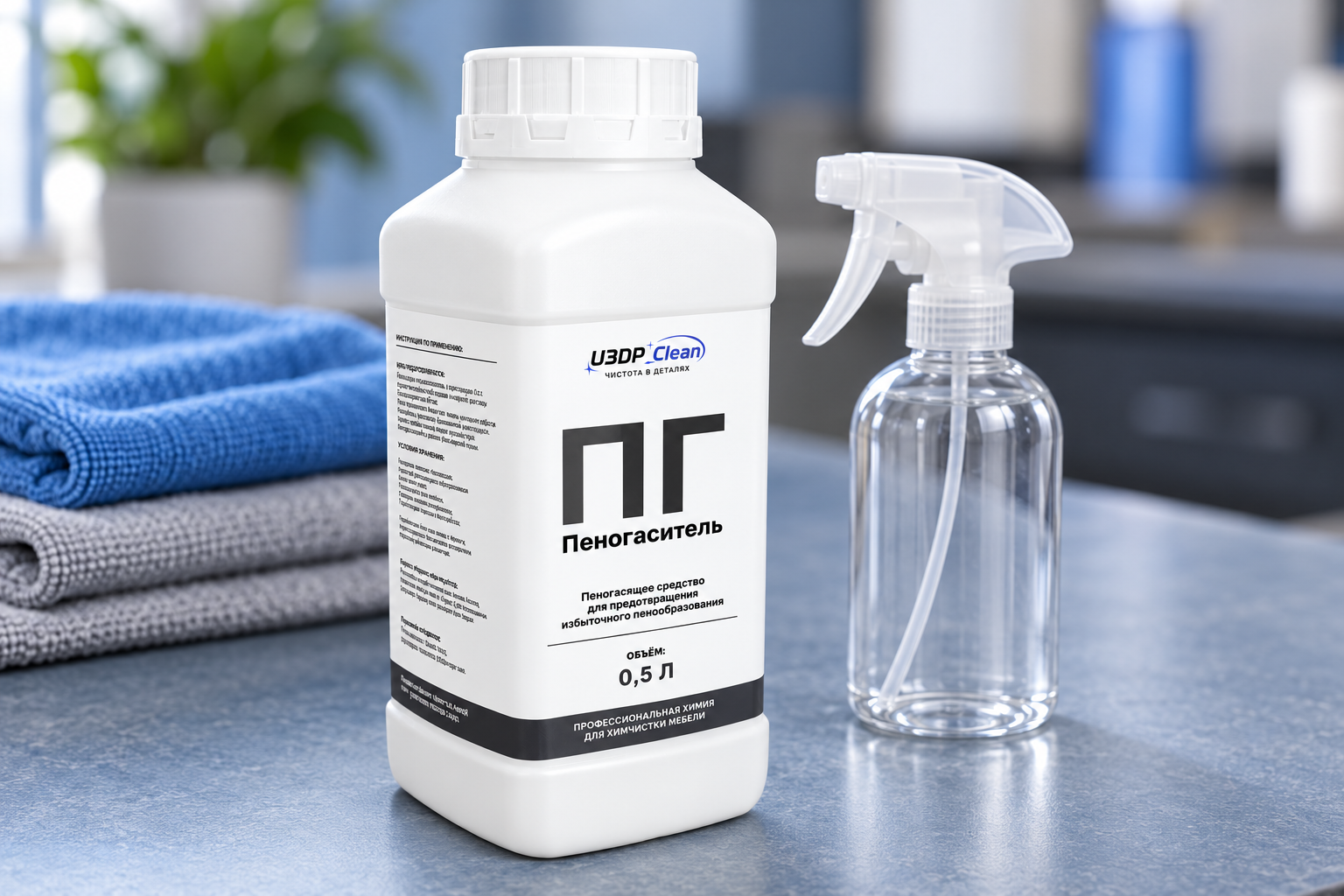 PG defoamer and a spray bottle — AI-generated illustration for a Purezza setup